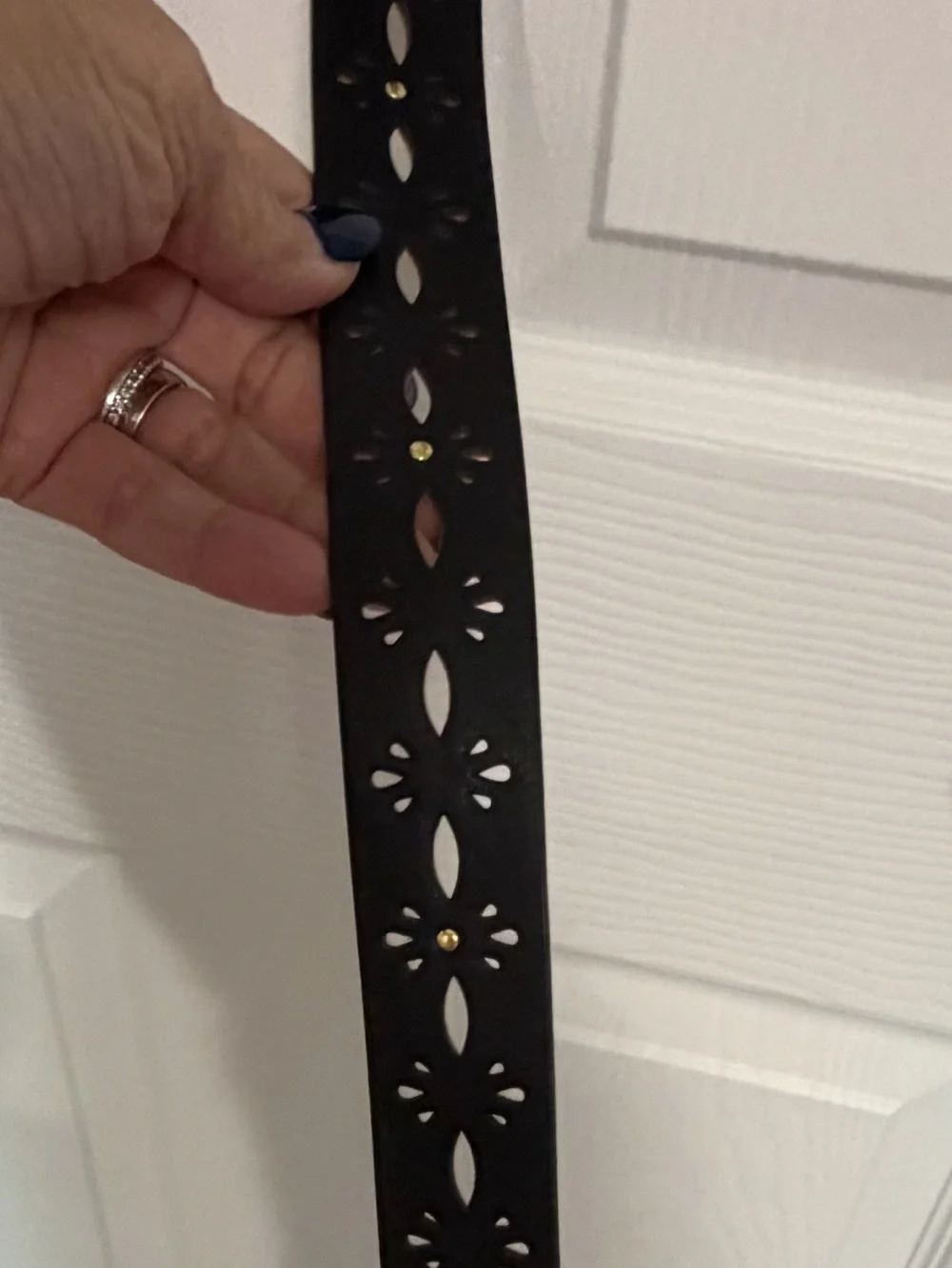 New Women's Black Laser-Cut Leather Belt with Gold Buckle